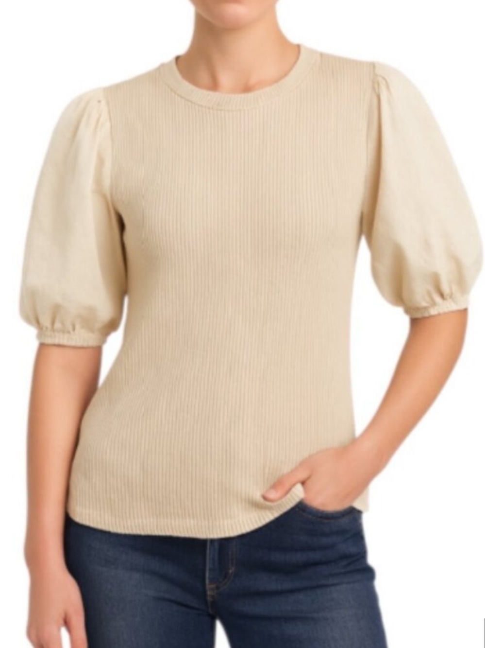 3/$20! WHO WHAT WEAR Puff Sleeve Ribbed Knit Top - Cream